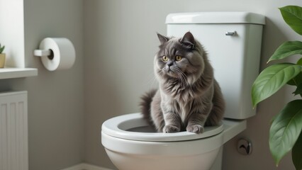 A curious cat rests on a toilet in a modern bathroom, surrounded by plants and natural light on a sunny day