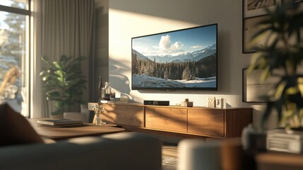 Mountain View on a Television Screen in a Modern Living Room