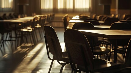 Empty conference room with modern table and chairs, featuring minimalist interior design and natural lighting.