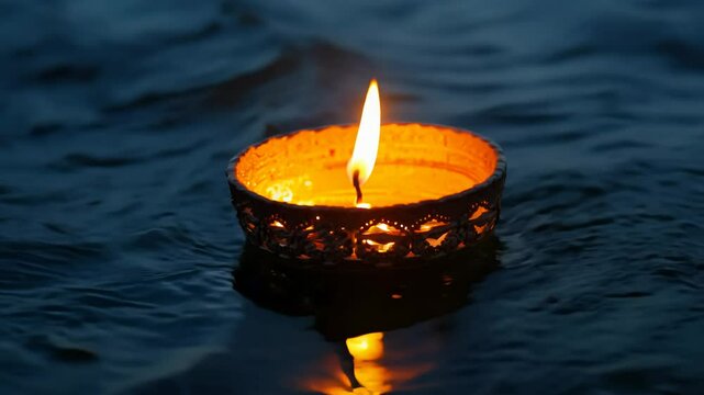 cinematic tracking video of diya during diwali, illuminating water with warm glow, devotional music