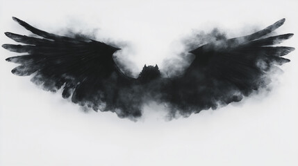 Fototapeta premium A black bird with its wings spread out in the air. The image is of a bird with its wings spread out, and it is black in color. Scene is dark and mysterious