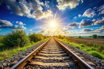 Fototapeta premium Symmetrical railroad tracks under a sunny sky with vibrant colors