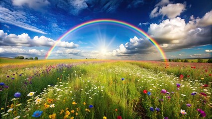 Naklejka premium Symmetrical rainbow over wildflowers field with blue sky and clouds
