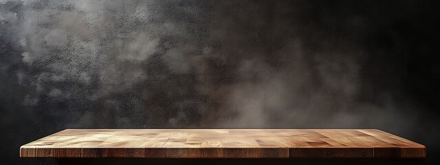  Wood countertop in the kitchen. Empty wooden table for product against dark concrete wall background. 3D brown podium for advertising. Mockup with design platform. 