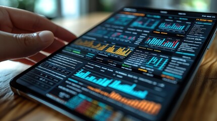 Close-up of a hand scrolling through data charts and graphs on a tablet.