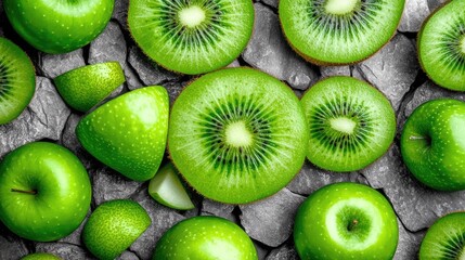 Fototapeta premium Fresh Green Apples and Kiwis on a Stone Surface
