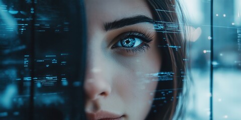 Close-up of woman's eye with digital data overlay