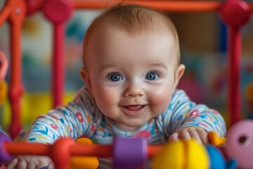 Obraz premium A joyful baby smiles while playing in a colorful playpen. Bright colors and soft textures create a cheerful atmosphere. Perfect for family and parenting themes. Generative AI