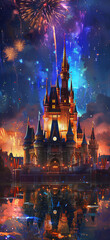 Obraz premium Castle, fireworks in the night sky above it, reflecting on the water, a symmetrical composition, the grandeur of scale, meticulous details, colorful lights, gorgeous and mysterious