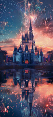 Fototapeta premium Castle, with fireworks in the night sky above it, reflecting on the water with a symmetrical composition