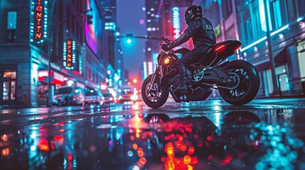 Under bright neon lights, a man on a motorcycle waits at a bustling intersection in an urban setting on a rainy night. Generative AI