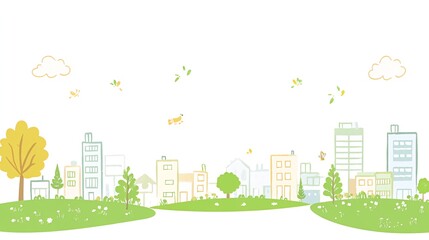 A simple, hand-drawn illustration of a cityscape with a park in the foreground.