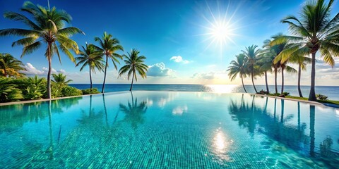 Naklejka premium Infinity pool reflecting a radiant sunrise over tranquil blue waters, with swaying palm trees creating a picturesque tropical landscape.