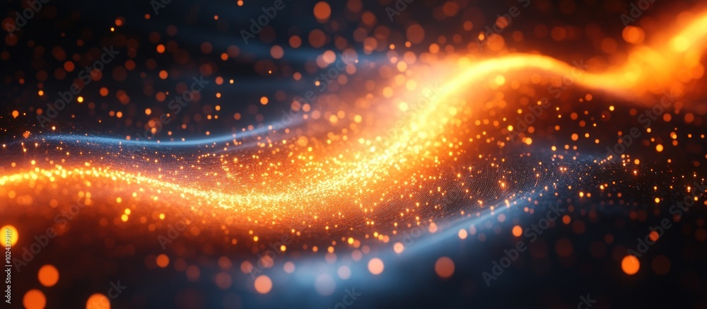 Wall mural abstract background with a wavy flow of golden sparkles and blue lights.