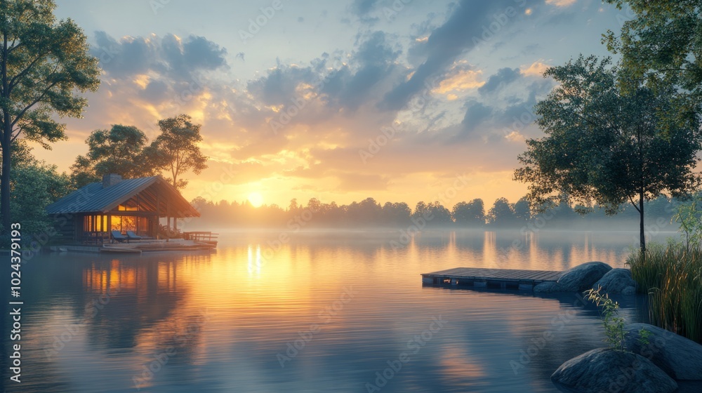 Poster a serene lake with a dock and a small cabin in the background