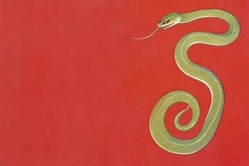 Obraz premium Traditional Art of a Delicate Green Snake on Bold Red Background - Ideal for Design and Decor