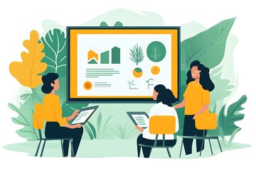 Eco Friendly Business Strategies Presented by Flat Style Character to a Group in a Corporate Office