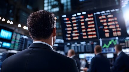 Fototapeta premium Bustling Exchange Floor with Traders Monitoring Financial Data and Charts on Numerous Flashing Digital Screens