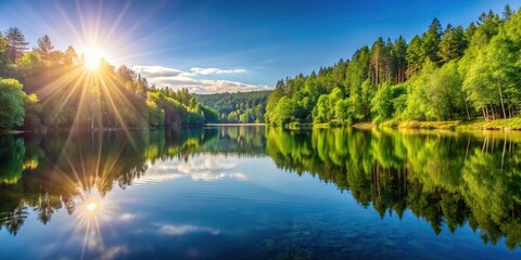 Symmetrical sparkling water surface of tranquil lake in forest, serene nature scene with sunlight reflections