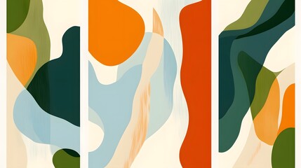 designs of boho minimalist wall art with simple shapes, circles, and lines in green, blue, black, orange, and yellow, on a white background.