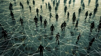 3D illustration of a global network connecting people around the world with digital nodes and lines representing global communication and connectivity.