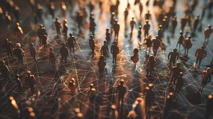 3D illustration of a global network connecting people around the world with digital nodes and lines representing global communication and connectivity.