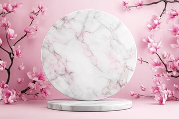 A stylish marble podium stands out amid vibrant pink flowers, perfect for showcasing creativity