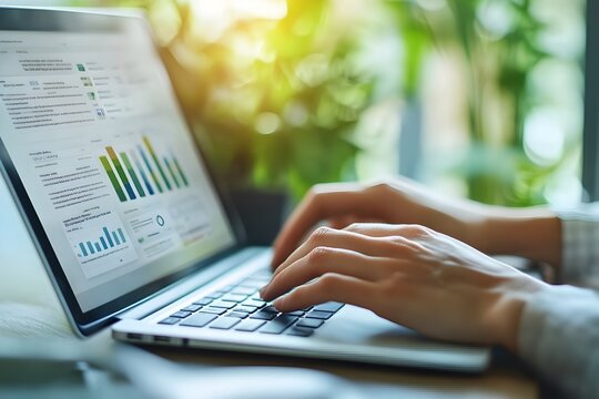 Hands Typing on Laptop with Carbon Footprint Reduction Report