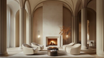 Two accent chairs near a chic fireplace, set in a room with tall columns and a graceful arch ceiling, blending art deco with modern luxury.