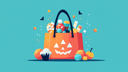 Fototapeta premium Paper Bag of Halloween Candy on Solid Background