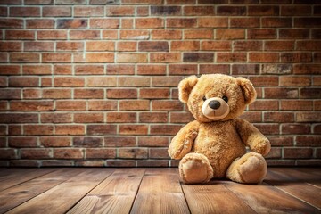 Obraz premium Symmetrical teddy bear on wooden floor with brick wall in background