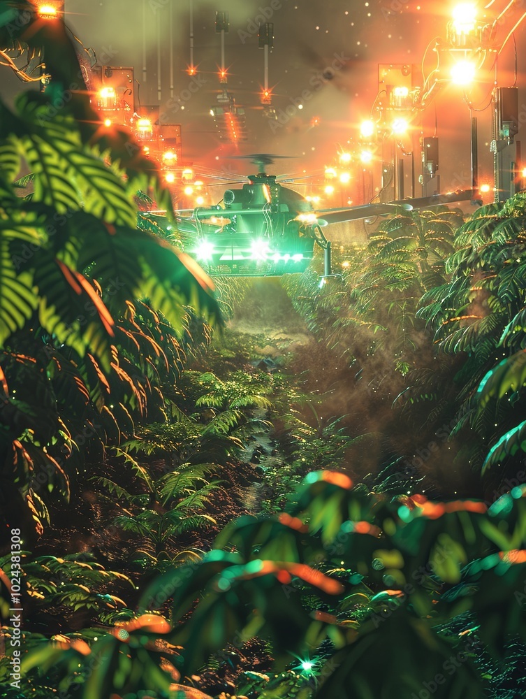 Poster Drones and robots utilize AI technology to monitor and enhance crop growth in a high-tech farm illuminated by glowing lights. Generative AI