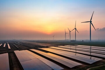 Renewable Energy Landscape at Sunset: Wind Turbines and Solar Panels for Sustainable Future