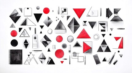 A white background with black and red geometric shapes.