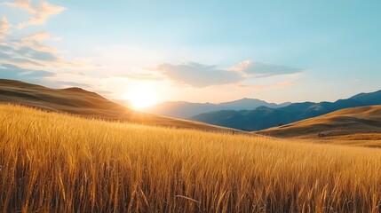 Breathtaking sunset over a sprawling expanse of golden wheat fields in a picturesque rural countryside landscape  The rolling hills are bathed in a warm