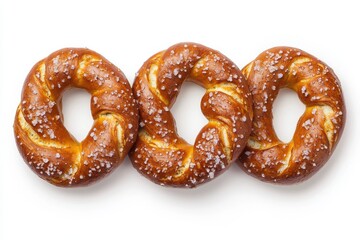 Three soft, golden-brown pretzels, each with distinct textures and lightly sprinkled with coarse