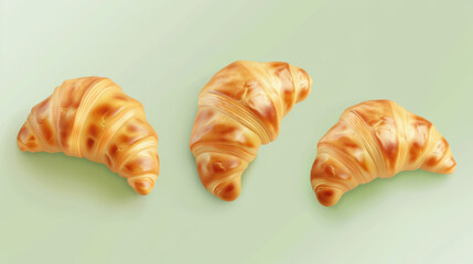 Freshly baked croissants are displayed on soft green background, showcasing their flaky, golden brown texture. These delicious pastries evoke sense of warmth and comfort