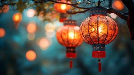 Illuminated red Chinese lanterns hanging from a tree branch with blurred lights in the background.