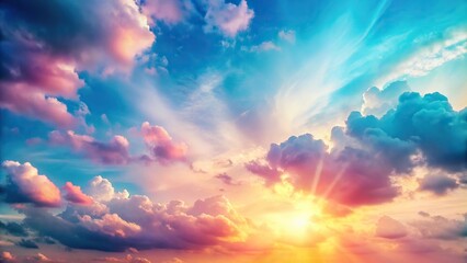 Blue cyan pink clouds sky background with sunlight, viewed from Worm's Eye View