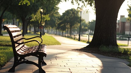 A wooden park bench sits under the shade of a large tree on a paved path.