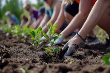 Group of Volunteers Planting Trees for Environmental Sustainability