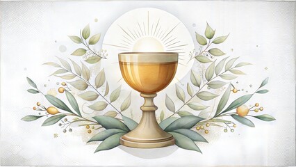 Elegant hand-drawn golden cup surrounded by floral wreath on a textured background for First Communion