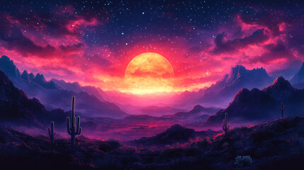 Vibrant Sunset Scenic View of Saguaro National Park in the Arizona Desert