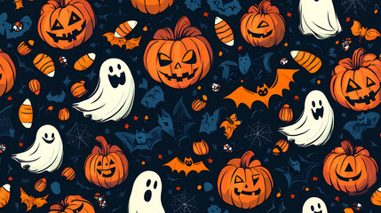 Seamless Halloween Pumpkin Vector Pattern with Spooky Icons