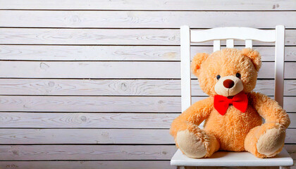 A teddy bear sitting on a single chair with a wooden wall in the background.
