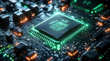 glowing green circuit board close-up with microchip in the middle. ai technology innovation, digital intelligence, machine learning, hardware, computing