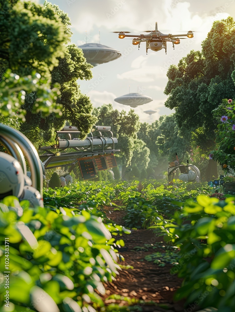 Aufkleber Drones and robots equipped with AI actively monitor and optimize crop health on a modern high-tech farm focusing on sustainability. Generative AI