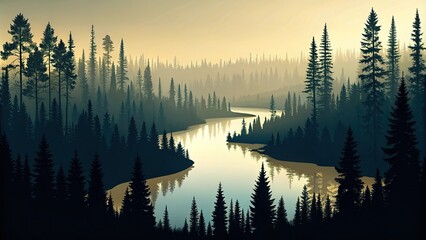Fototapeta premium Taiga forest and winding river in summer silhouette
