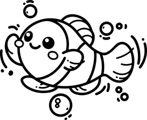 Cartoon clownfish with bubbles, hand-drawn in line art style. Vector illustration, isolated for easy use in kid's designs, playful projects, and underwater-themed creations.