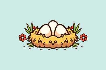 Nest with Eggs and Flowers Charming Cartoon Vector Illustration for Spring Design